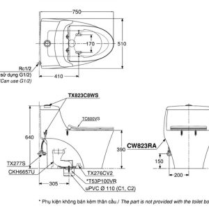 Bản vẽ bồn cầu 1 khối CW823RAT8 nắp đóng êm TC600VS