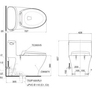 Bản vẽ bồn cầu 1 khối MS887RT2 nắp đóng êm TC393VS