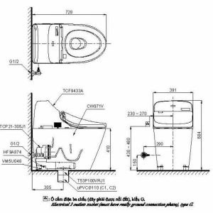 Hình vẽ 2D bệ nhà vệ sinh điện tử dòng GG kèm nắp rửa điện tử bồn cầu